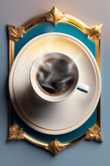 Cup of coffee smoking, top view, in a fantasy setting. Generative AI_2.