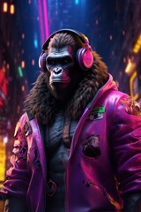Fototapeta na wymiar portrait of a party monkey ape with headphones on a colorful abstract background. AI generative