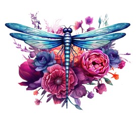 Fantasy, Dragonfly and Flowers