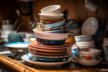 Piled dishes on stove. Generative AI - obrazy, fototapety, plakaty