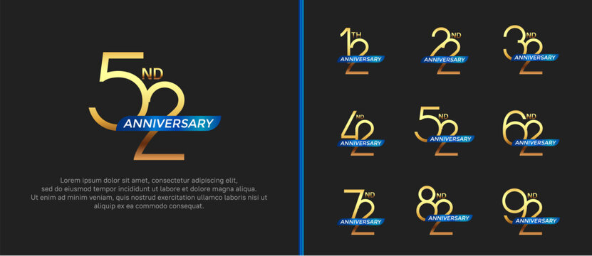 set of anniversary logo gold color and blue ribbon on black background for celebration moment
