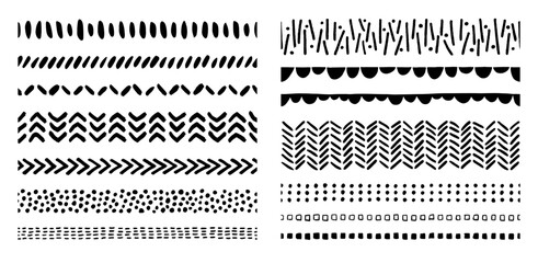Collection of seamless borders and lines with hand drawn elements in black. Abstract decorative design elements on transparent background. - obrazy, fototapety, plakaty