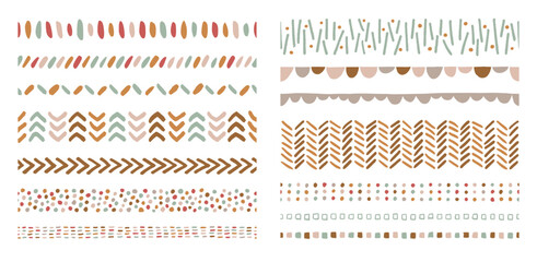 Collection of seamless borders and lines with hand drawn elements in natural boho colors. Abstract decorative design elements on transparent background.