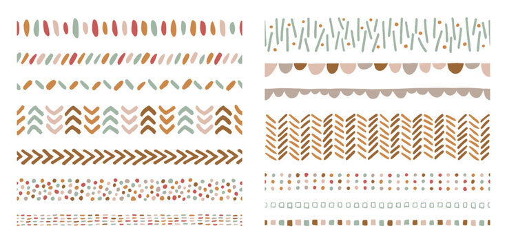 Collection of seamless borders and lines with hand drawn elements in natural boho colors. Abstract decorative design elements on transparent background.