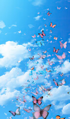 Aerial Ballet: Butterflies Dancing in the Sky,Butterflies fly in the blue sky with white clouds.