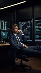 Portrait of middle-aged trader sitting and thinking with blackboard full of charts and data analyses in background.