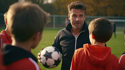 Middle age soccer coach explaining and discussing game plan to kids player in the field.
