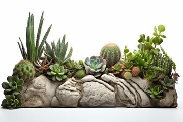 Natural stone podium showcasing succulents and cacti with leaves on a white background. Generative AI