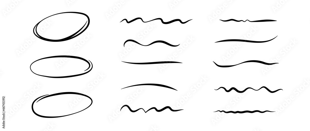 Aufkleber smooth highlight lines and circles set. doodle ellipses and wave strokes collection. black underline