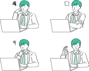 PCを操作する色々な表情の男性医師