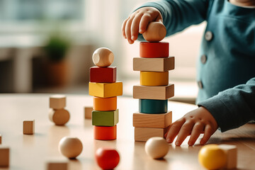 close up of a toddler building a tower with wooden blocks and playing games with montessori toys - Powered by Adobe