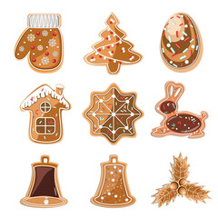 Set of holiday gingerbread cookies in flat technique. Vector illustration 