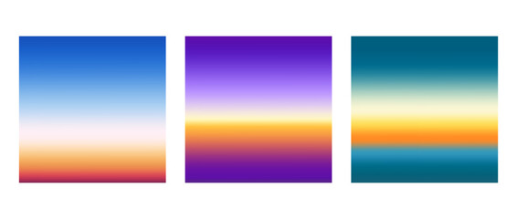 Early sunrise or late sunset colorful gradients background set. Smooth blurred wallpaper set in yellow, blue, green, purple colors. Abstract night or evening sky horizon backdrop. Vector illustration