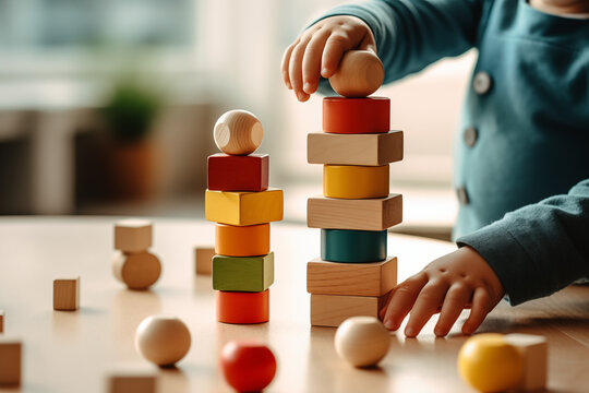 close up of a toddler building a tower with wooden blocks and playing games with montessori toys
