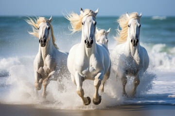 white horse runs gallop on the beach