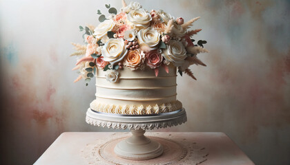 A tall buttercream cake, layered with luscious cream, crowned with a bouquet of edible flowers - obrazy, fototapety, plakaty