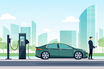 Businessman with wallbox ev charging station