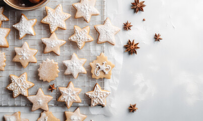 Overhead view of christmas star shaped cookies being prepared in a festive kitchen