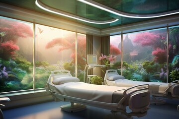 A futuristic healthcare room showcasing holographic nature views on the walls. Generative AI