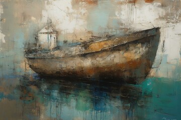 Abstract painting of a nautical scene featuring a weathered boat. Generative AI