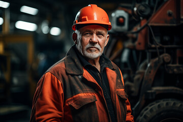 A happy male senior Asian worker in a factory