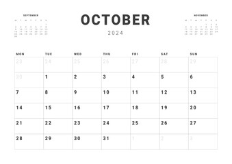 Monthly page Calendar Planner Templates of October 2024. Vector layout of simple calendar with week start Monday for print. Page for size A4 or 21x29.7 cm