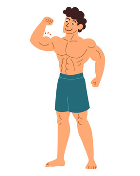 A shirtless man stands and flexes his arm muscles. Cartoon drawing on a white background