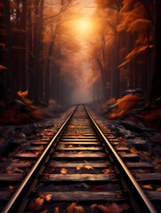 Fototapeta na wymiar Railway track background wallpaper poster PPT in the forest