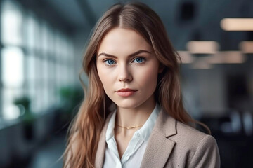 Obraz premium Portrait of young woman with long hair in shirt against the background of the office.