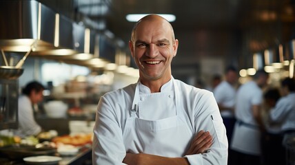Smiling chef in a restaurant kitchen, generative ai
