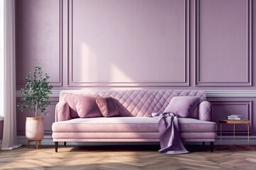 Soft sofa on a background of purple wall front view, concept of modern minimalist interior.