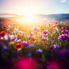 Obraz na płótnie Canvas Spring and summer lawn flowers, dreamlike scenery, lens flare.