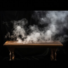 Wooden table on black background with smoke, dystopian atmospheres, eerie, hyper-realistic atmospheres.