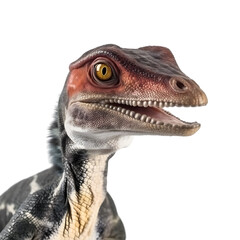 close up of portrait of velociraptor dinosaur isolated on transparent background. 