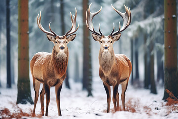 Naklejka na ściany i meble Two majestic reindeer or caribou standing together in the deep arctic winter pine forest with snowflakes. Generative AI.