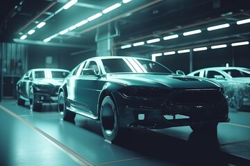 Car bodies are on assembly line. Factory for production of cars. Modern automotive industry. A car being checked before being painted in a high-tech enterprise
