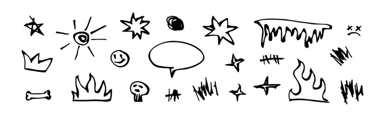 Various tattoo sketch doodle. Hand drawn ink cartoon sribbles in ignorant, grunge style. Rough star, skull, bone, fire, sun, smiley. (Full Vector)