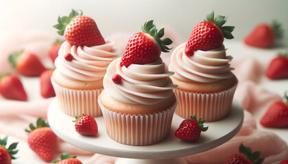 Photo capturing a selection of cupcakes, each topped with smooth buttercream frosting and adorned with a fresh strawberry