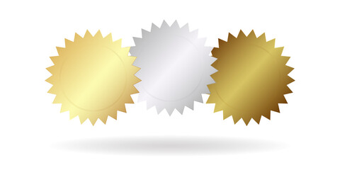 A set of three star badges in gold, silver and copper. Vector illustration.