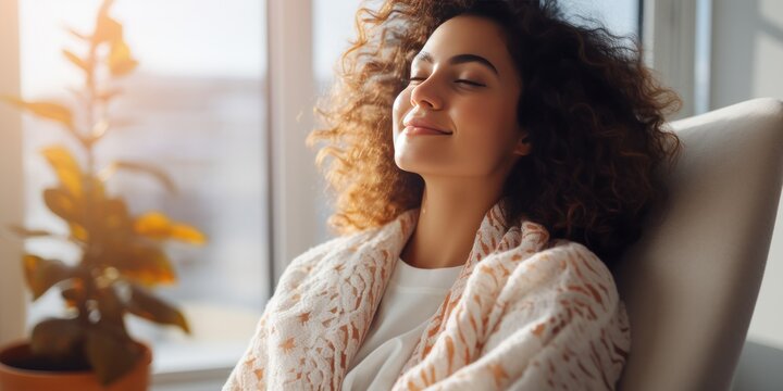 woman relaxed smiling pretty woman relaxing sitting on chair at home, generative AI