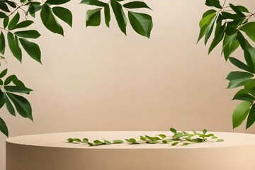 Background for cosmetics product presentations that is abstract. Green leaves are falling on a platform made of beige paper