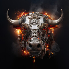 Image of bull face made with electronic components with fire on clean background. Wildlife Animals.