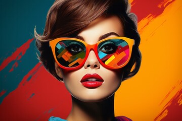 Obraz premium Beautiful female retro fashion model pop art, realistic illustration on a vibrant colourful background. Fashion Poster Girl