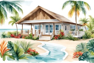 Illustration of a beach bungalow in watercolor on a white backdrop.