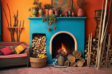 Vibrant home with faux fireplace, basket of firewood. Generative AI