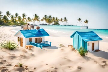 Sand, island, wood, cottage, white, building, holiday, watercolor, cartoon, blue, green, resort, paradise