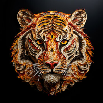 Image of a tiger's face that is intricately crafted in three dimensions. Wildlife Animals.