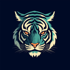Turquoise and Beige Tiger Head: Vintage Vector Illustration on Dark Blue