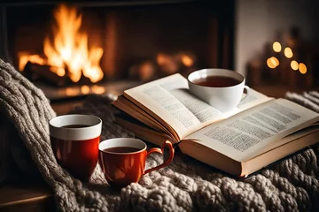 Rollo Hygge concept with open book and cup of tea near burning fireplace © Malaika