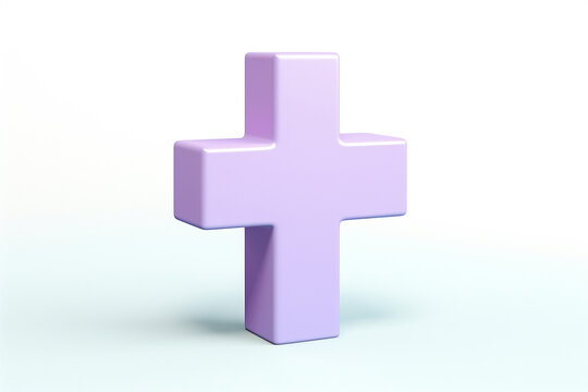 The model of light purple shiny cross or plus symbol isolated on the simple bright solid background. Generative AI.